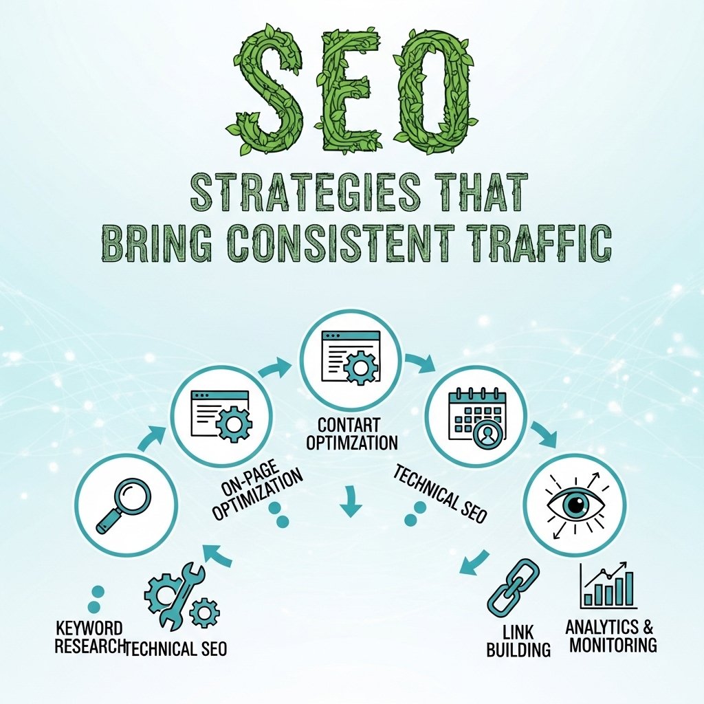SEO strategies that bring consistent website traffic including keyword research, on-page optimization, technical SEO, and link building