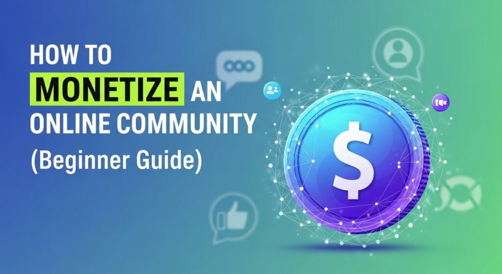 Beginner guide illustration showing how to monetize an online community, featuring a digital dollar coin and icons representing social media, engagement, and online business growth.